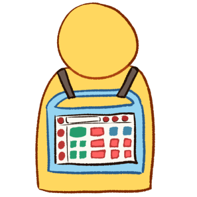 A drawing of a simplified person wearing a harness that has a talker on it. The talker is turned on with various multicoloured buttons.